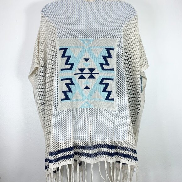 Areve Cardigan Sweater Fringe Ends Southwestern Design Blue Cream S M - Picture 3 of 5